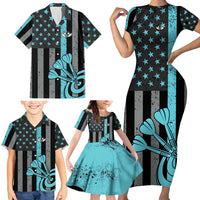 Custom Turquoise US Patriotic Darts Family Matching Short Sleeve Bodycon Dress and Hawaiian Shirt Blue American Flag Pattern - Grunge Paint Splatter - Wonder Print Shop