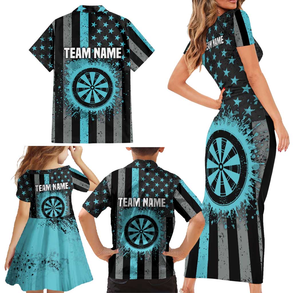 Custom Turquoise US Patriotic Darts Family Matching Short Sleeve Bodycon Dress and Hawaiian Shirt Blue American Flag Pattern - Grunge Paint Splatter - Wonder Print Shop
