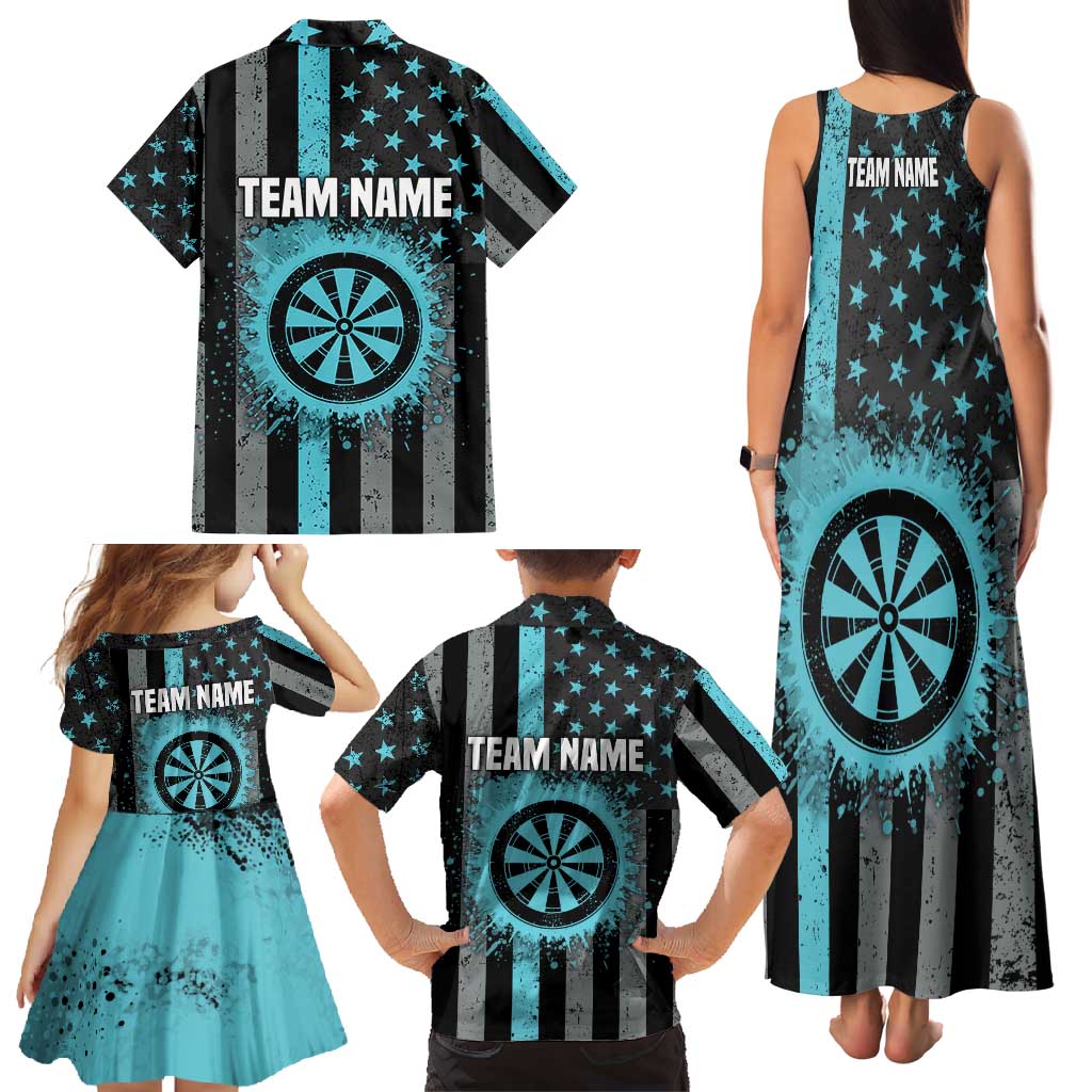 Custom Turquoise US Patriotic Darts Family Matching Tank Maxi Dress and Hawaiian Shirt Blue American Flag Pattern - Grunge Paint Splatter - Wonder Print Shop