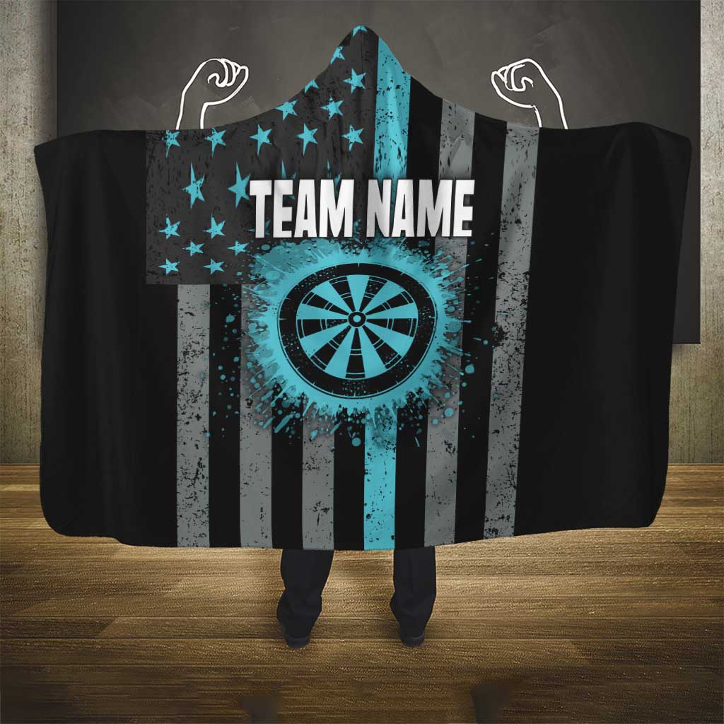 Custom Turquoise US Patriotic Darts Hooded Blanket Blue American Flag Pattern - Grunge Paint Splatter - Wonder Print Shop