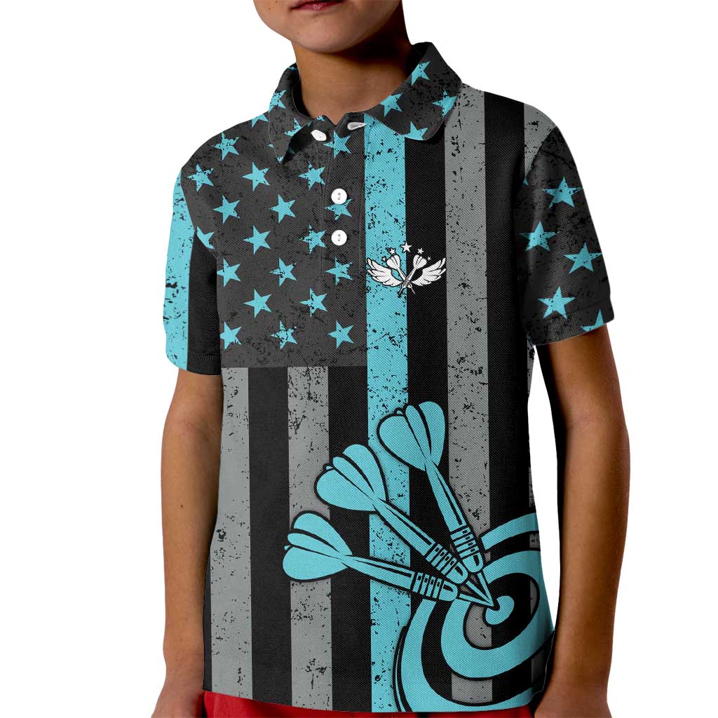 Custom Turquoise US Patriotic Darts Kid Polo Shirt Blue American Flag Pattern - Grunge Paint Splatter - Wonder Print Shop