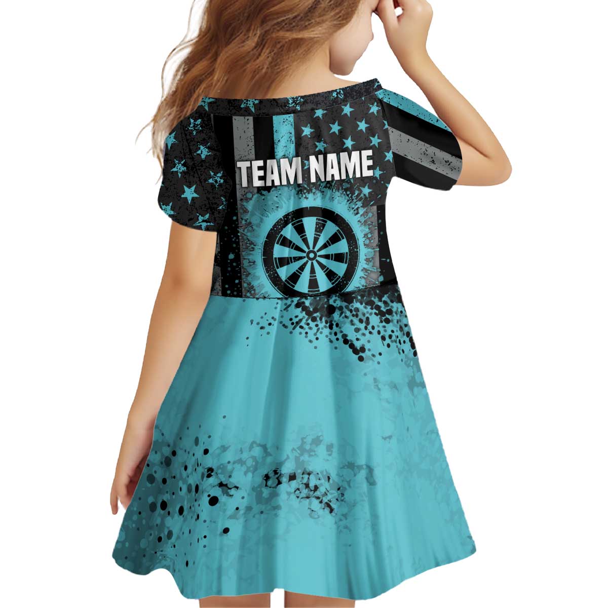 Custom Turquoise US Patriotic Darts Kid Short Sleeve Dress Blue American Flag Pattern - Grunge Paint Splatter - Wonder Print Shop