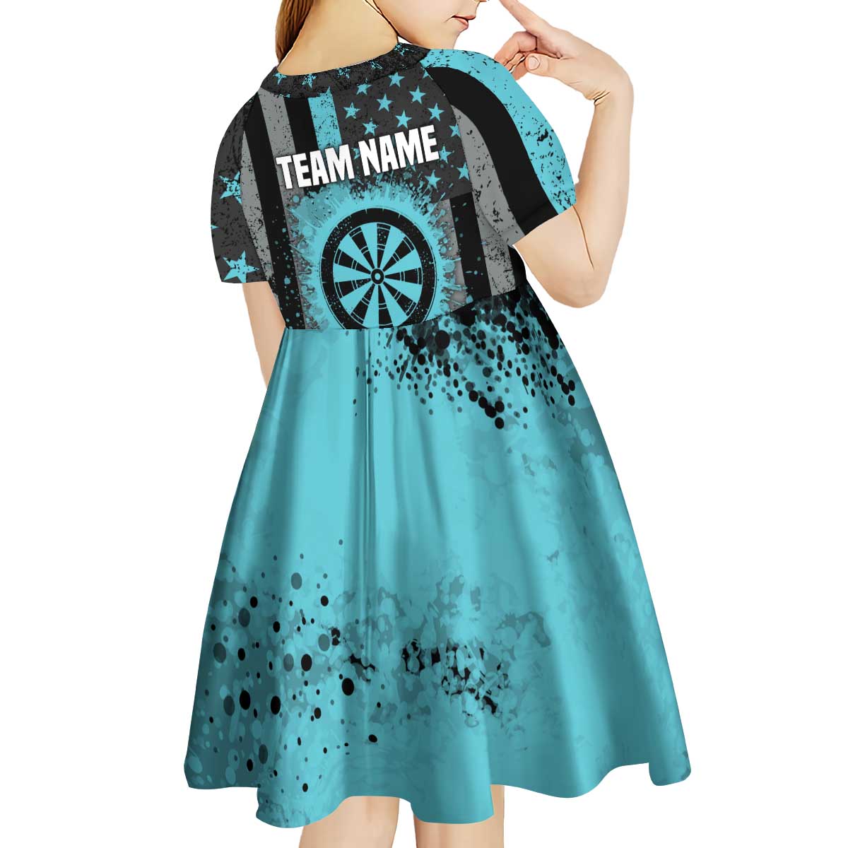 Custom Turquoise US Patriotic Darts Kid Short Sleeve Dress Blue American Flag Pattern - Grunge Paint Splatter - Wonder Print Shop
