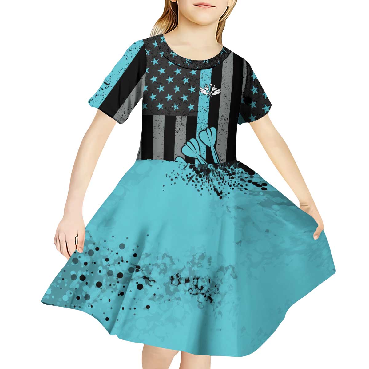 Custom Turquoise US Patriotic Darts Kid Short Sleeve Dress Blue American Flag Pattern - Grunge Paint Splatter - Wonder Print Shop
