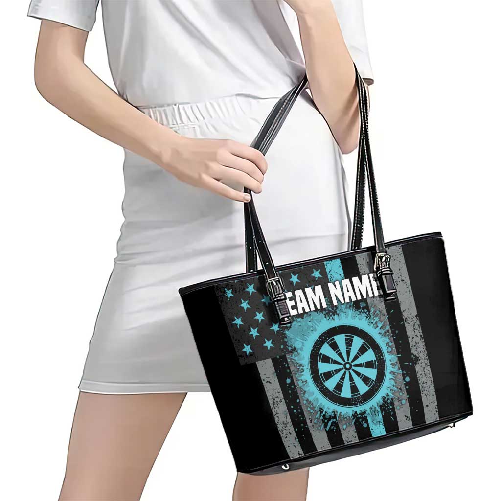 Custom Turquoise US Patriotic Darts Leather Tote Bag Blue American Flag Pattern - Grunge Paint Splatter - Wonder Print Shop