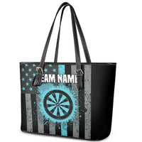 Custom Turquoise US Patriotic Darts Leather Tote Bag Blue American Flag Pattern - Grunge Paint Splatter - Wonder Print Shop