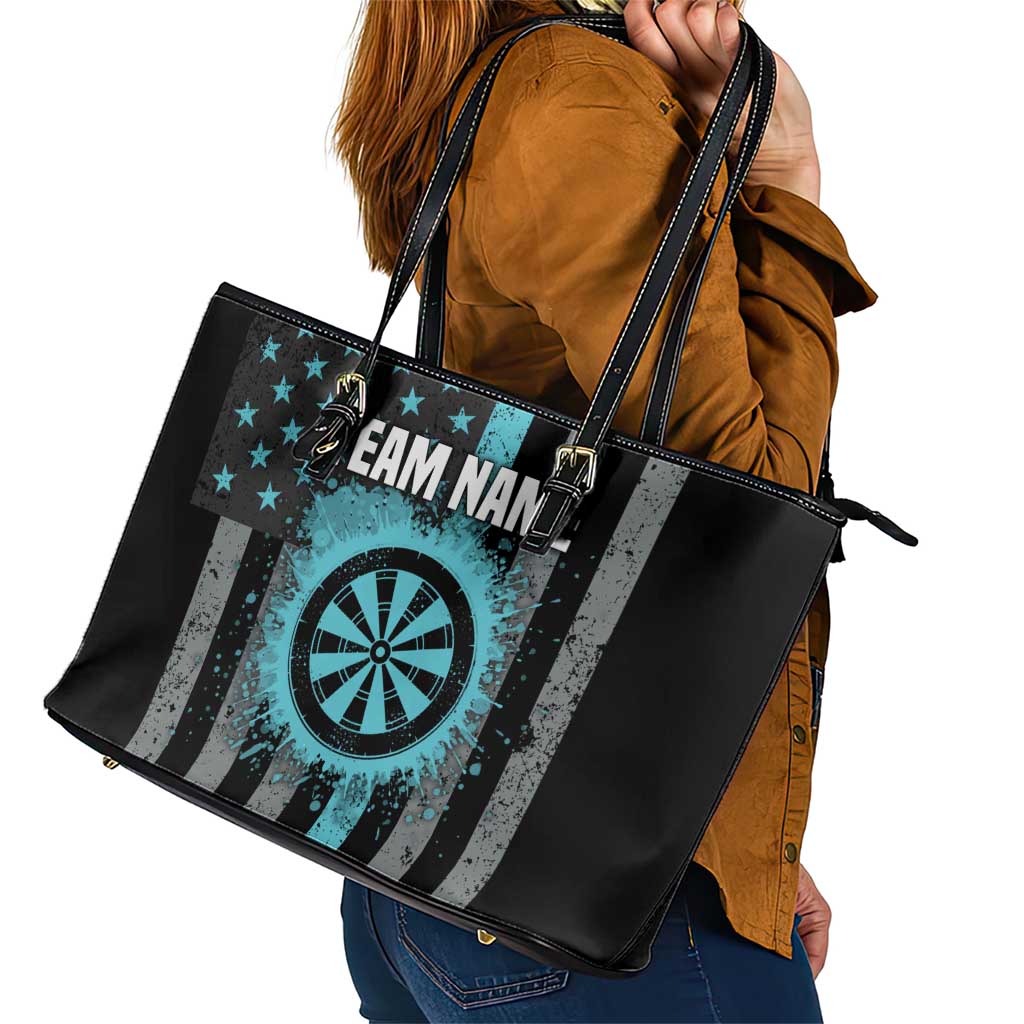 Custom Turquoise US Patriotic Darts Leather Tote Bag Blue American Flag Pattern - Grunge Paint Splatter - Wonder Print Shop