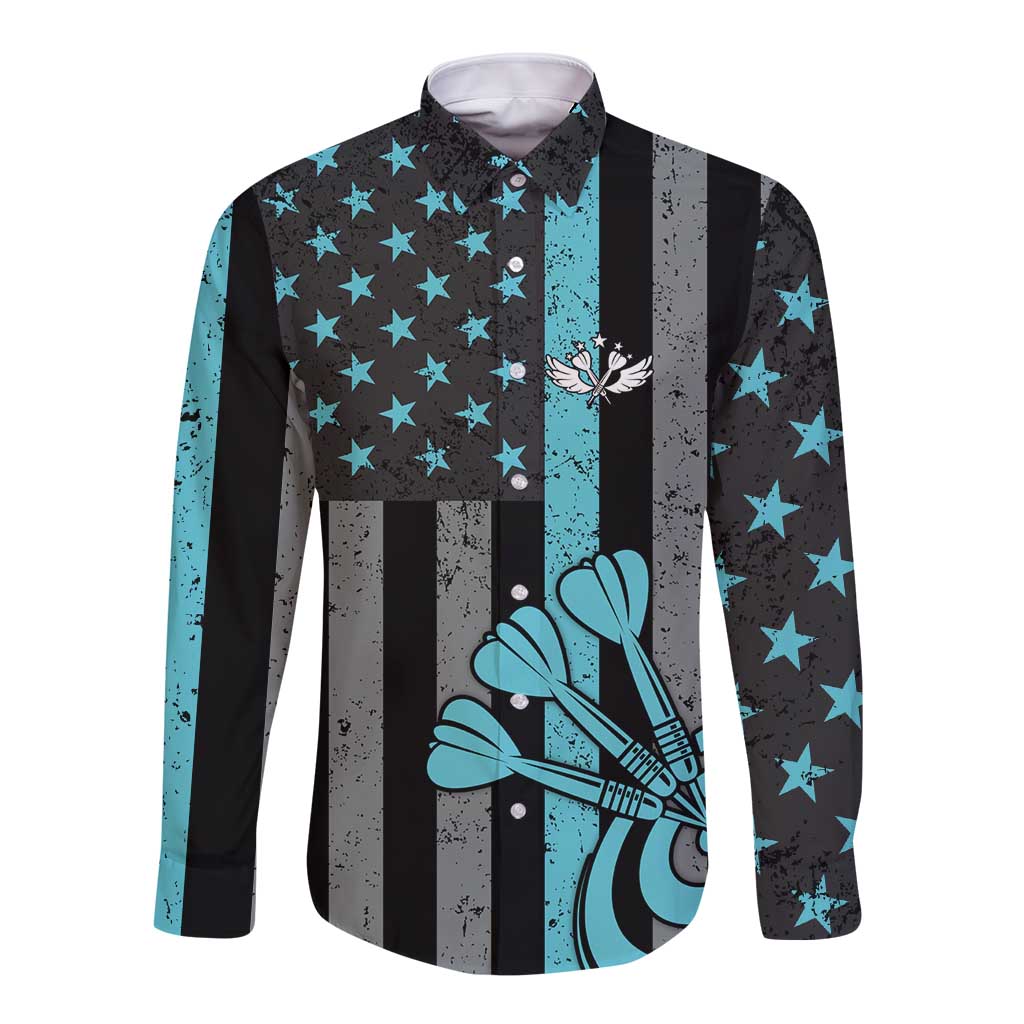 Custom Turquoise US Patriotic Darts Long Sleeve Button Shirt Blue American Flag Pattern - Grunge Paint Splatter - Wonder Print Shop