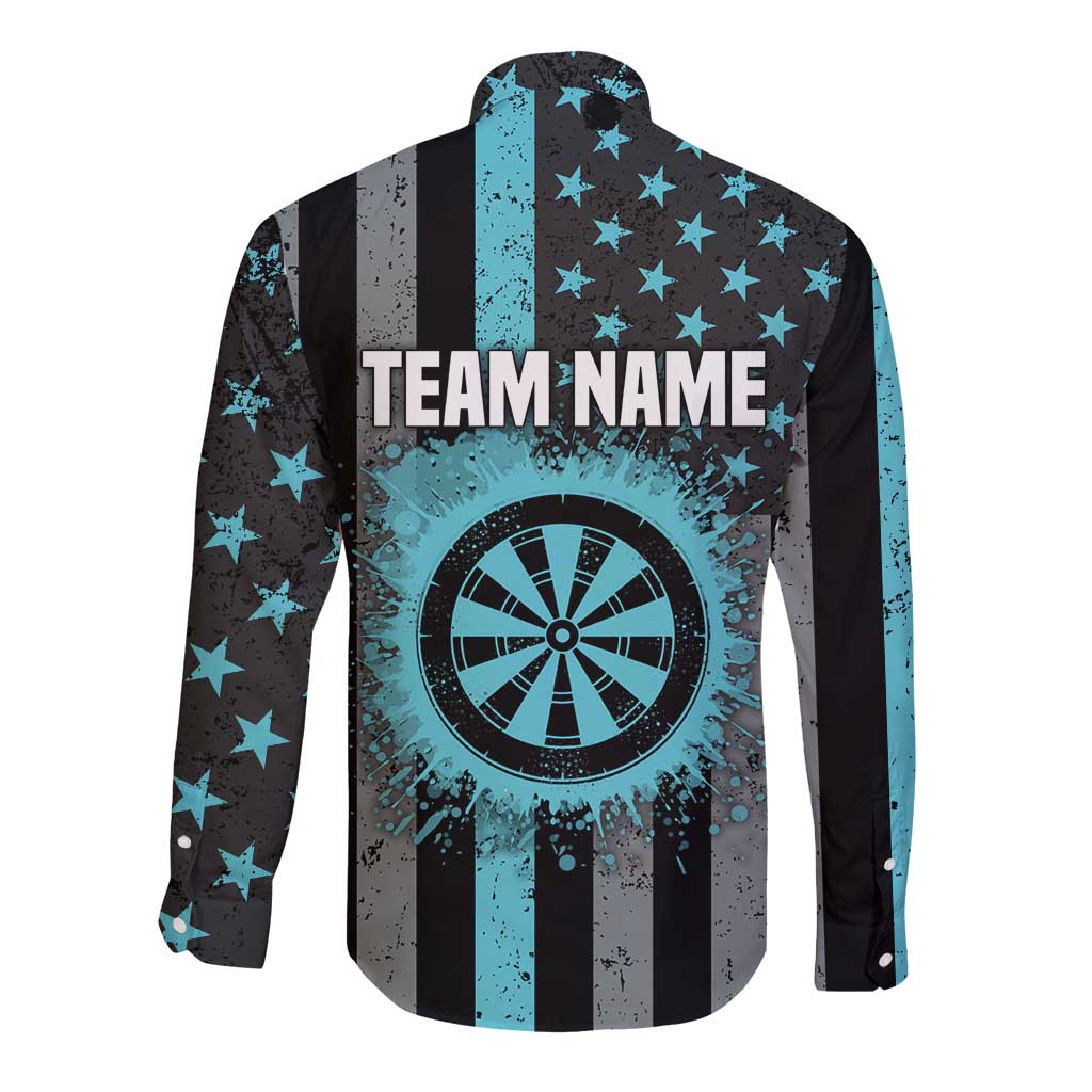 Custom Turquoise US Patriotic Darts Long Sleeve Button Shirt Blue American Flag Pattern - Grunge Paint Splatter - Wonder Print Shop