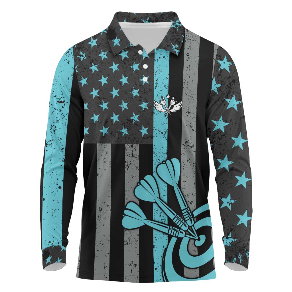Custom Turquoise US Patriotic Darts Long Sleeve Polo Shirt Blue American Flag Pattern - Grunge Paint Splatter - Wonder Print Shop