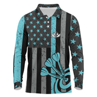 Custom Turquoise US Patriotic Darts Long Sleeve Polo Shirt Blue American Flag Pattern - Grunge Paint Splatter - Wonder Print Shop