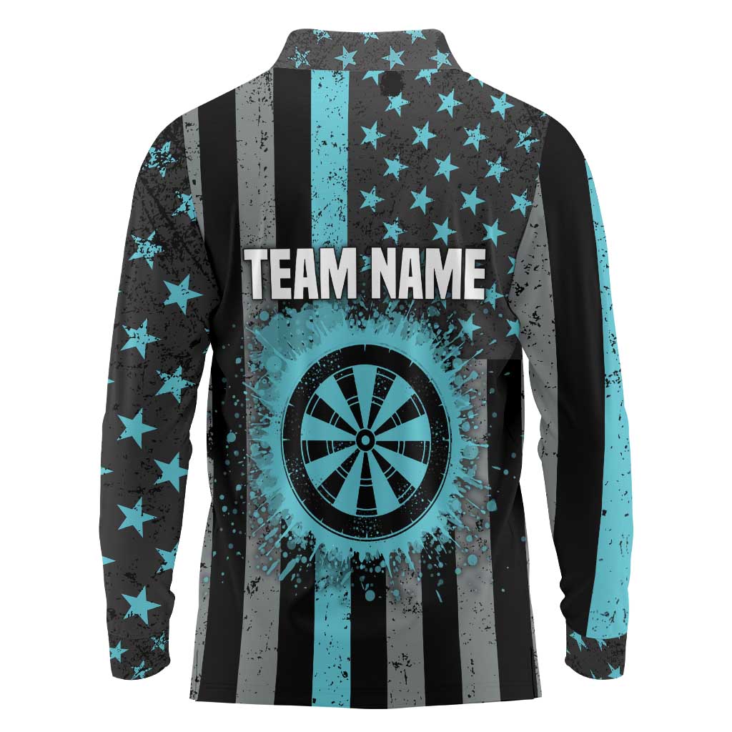 Custom Turquoise US Patriotic Darts Long Sleeve Polo Shirt Blue American Flag Pattern - Grunge Paint Splatter - Wonder Print Shop