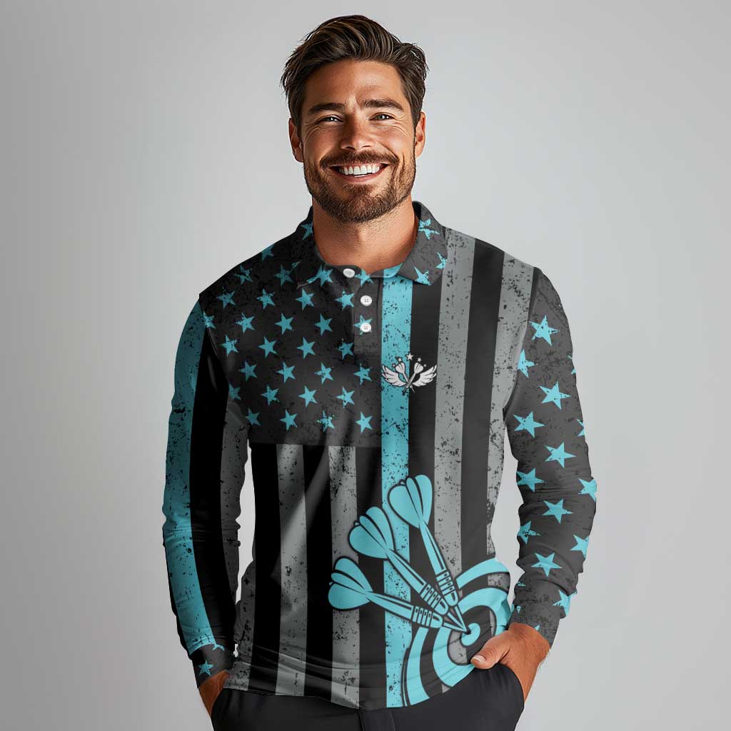 Custom Turquoise US Patriotic Darts Long Sleeve Polo Shirt Blue American Flag Pattern - Grunge Paint Splatter - Wonder Print Shop