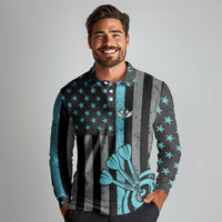 Custom Turquoise US Patriotic Darts Long Sleeve Polo Shirt Blue American Flag Pattern - Grunge Paint Splatter - Wonder Print Shop