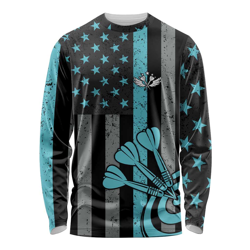 Custom Turquoise US Patriotic Darts Long Sleeve Shirt Blue American Flag Pattern - Grunge Paint Splatter - Wonder Print Shop