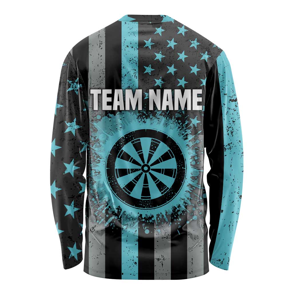 Custom Turquoise US Patriotic Darts Long Sleeve Shirt Blue American Flag Pattern - Grunge Paint Splatter - Wonder Print Shop