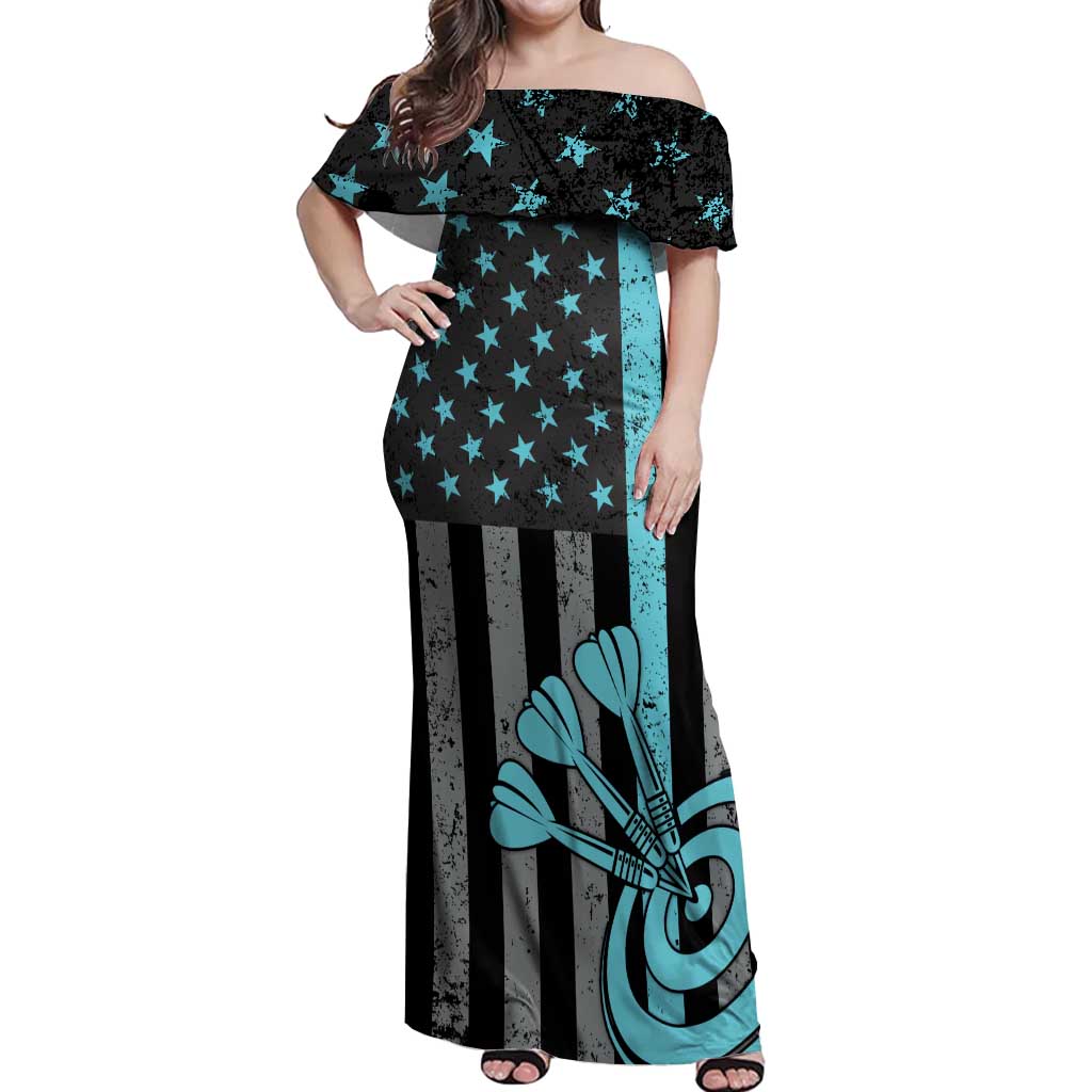Custom Turquoise US Patriotic Darts Off Shoulder Maxi Dress Blue American Flag Pattern - Grunge Paint Splatter - Wonder Print Shop