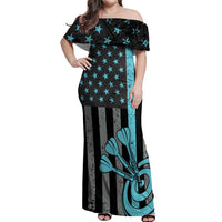 Custom Turquoise US Patriotic Darts Off Shoulder Maxi Dress Blue American Flag Pattern - Grunge Paint Splatter - Wonder Print Shop