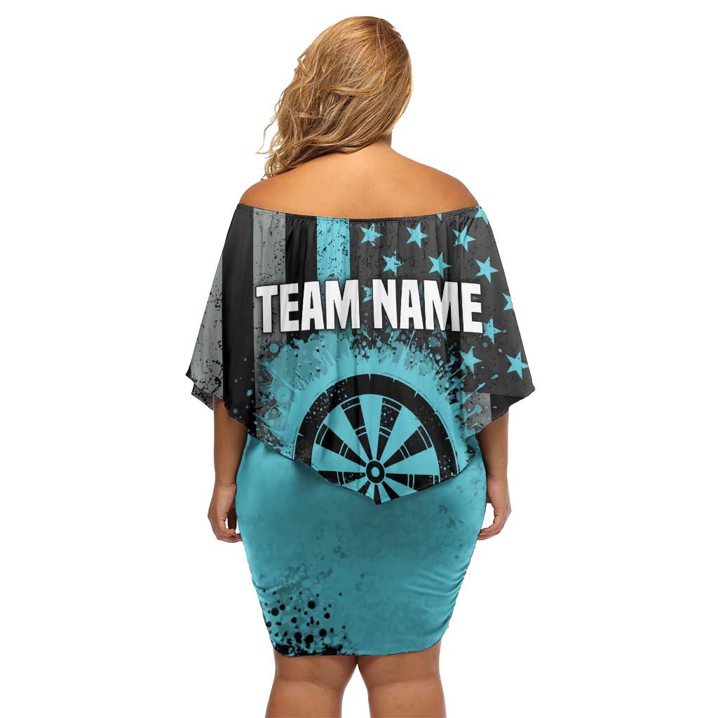 Custom Turquoise US Patriotic Darts Off Shoulder Short Dress Blue American Flag Pattern - Grunge Paint Splatter - Wonder Print Shop