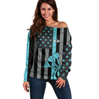 Custom Turquoise US Patriotic Darts Off Shoulder Sweater Blue American Flag Pattern - Grunge Paint Splatter - Wonder Print Shop