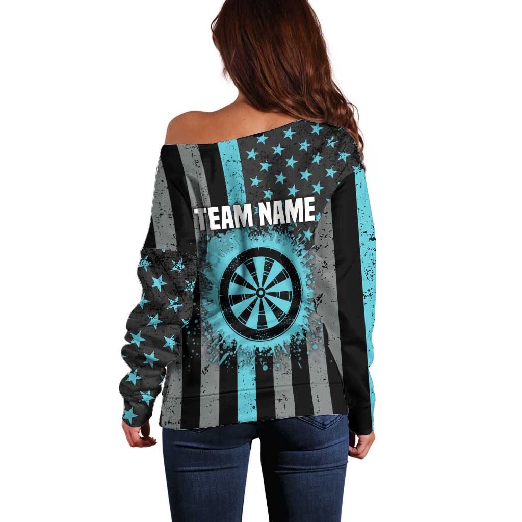 Custom Turquoise US Patriotic Darts Off Shoulder Sweater Blue American Flag Pattern - Grunge Paint Splatter - Wonder Print Shop