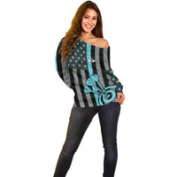 Custom Turquoise US Patriotic Darts Off Shoulder Sweater Blue American Flag Pattern - Grunge Paint Splatter - Wonder Print Shop