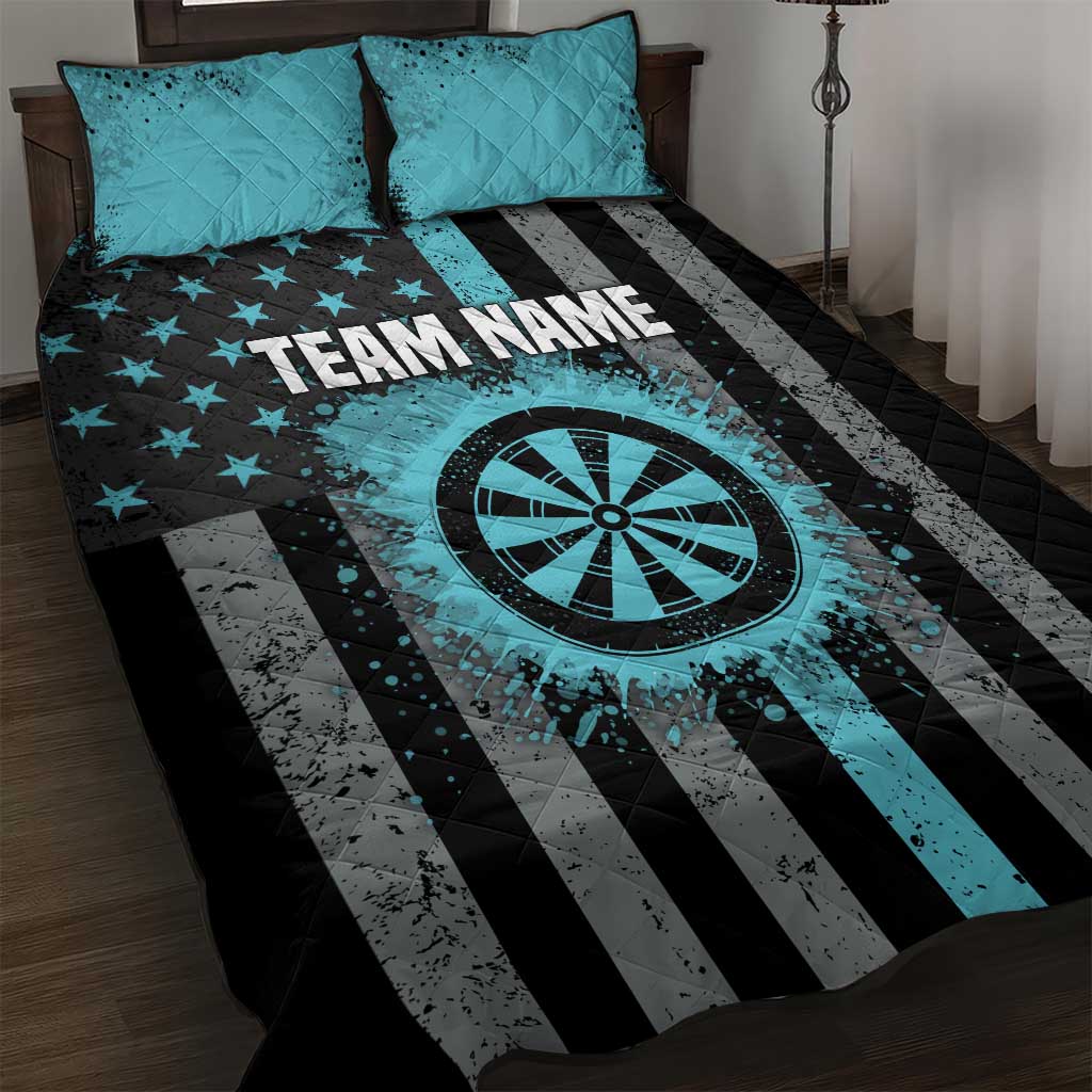 Custom Turquoise US Patriotic Darts Quilt Bed Set Blue American Flag Pattern - Grunge Paint Splatter - Wonder Print Shop