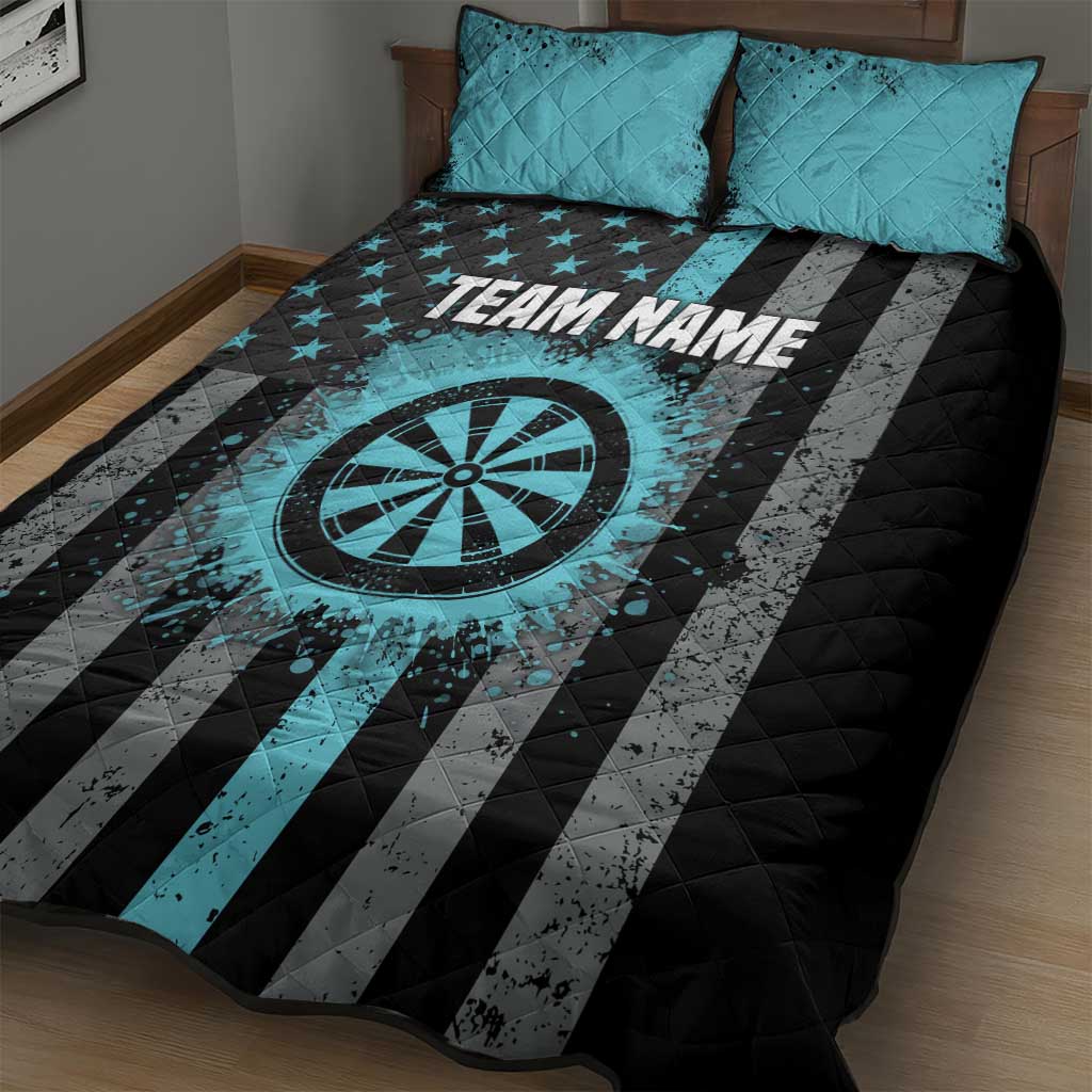 Custom Turquoise US Patriotic Darts Quilt Bed Set Blue American Flag Pattern - Grunge Paint Splatter - Wonder Print Shop