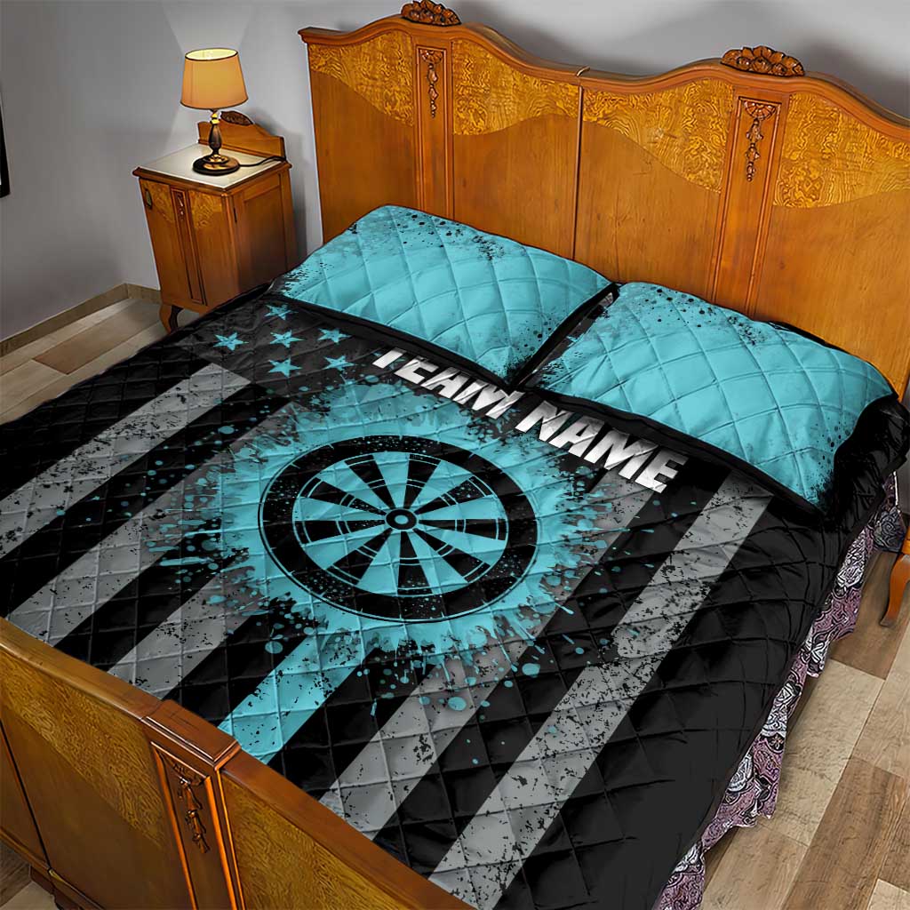 Custom Turquoise US Patriotic Darts Quilt Bed Set Blue American Flag Pattern - Grunge Paint Splatter - Wonder Print Shop