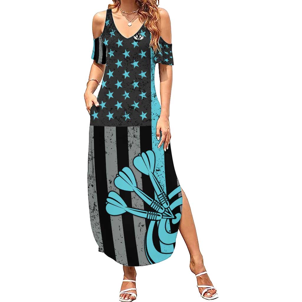 Custom Turquoise US Patriotic Darts Summer Maxi Dress Blue American Flag Pattern - Grunge Paint Splatter - Wonder Print Shop