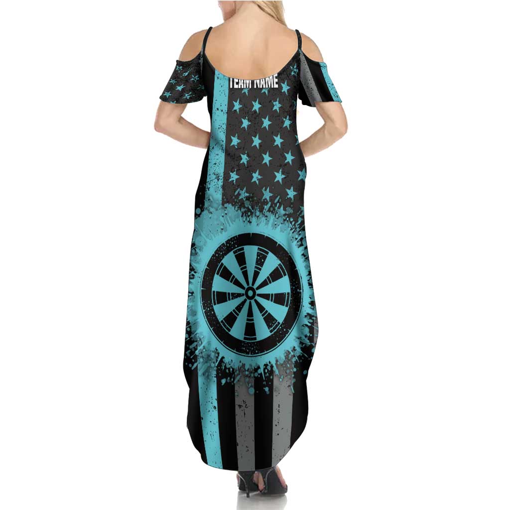 Custom Turquoise US Patriotic Darts Summer Maxi Dress Blue American Flag Pattern - Grunge Paint Splatter - Wonder Print Shop