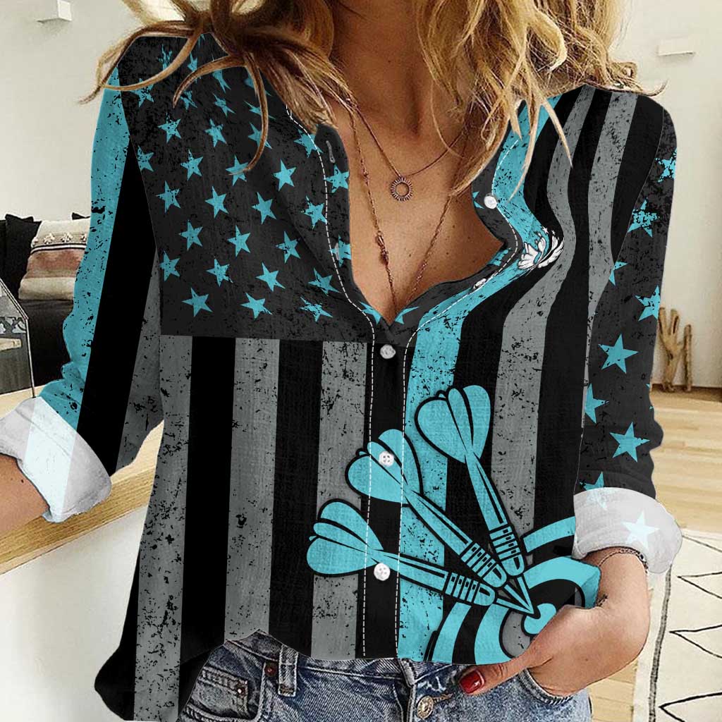 Custom Turquoise US Patriotic Darts Women Casual Shirt Blue American Flag Pattern - Grunge Paint Splatter - Wonder Print Shop