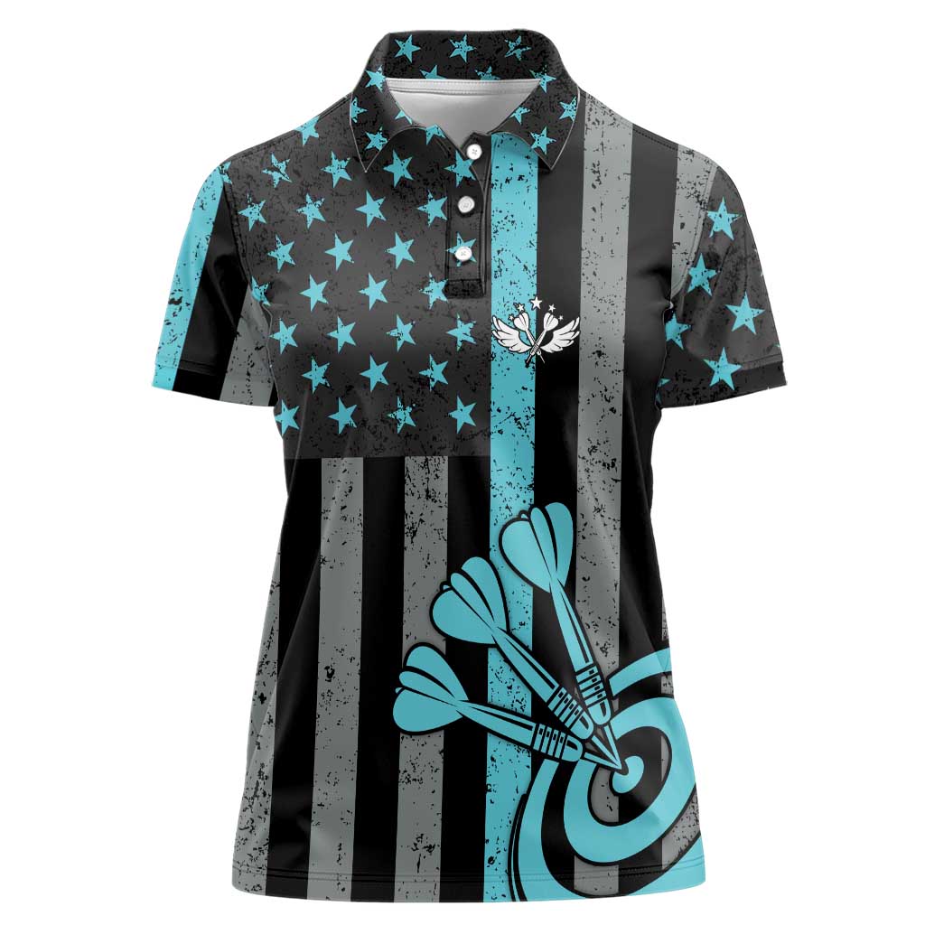 Custom Turquoise US Patriotic Darts Women Polo Shirt Blue American Flag Pattern - Grunge Paint Splatter - Wonder Print Shop