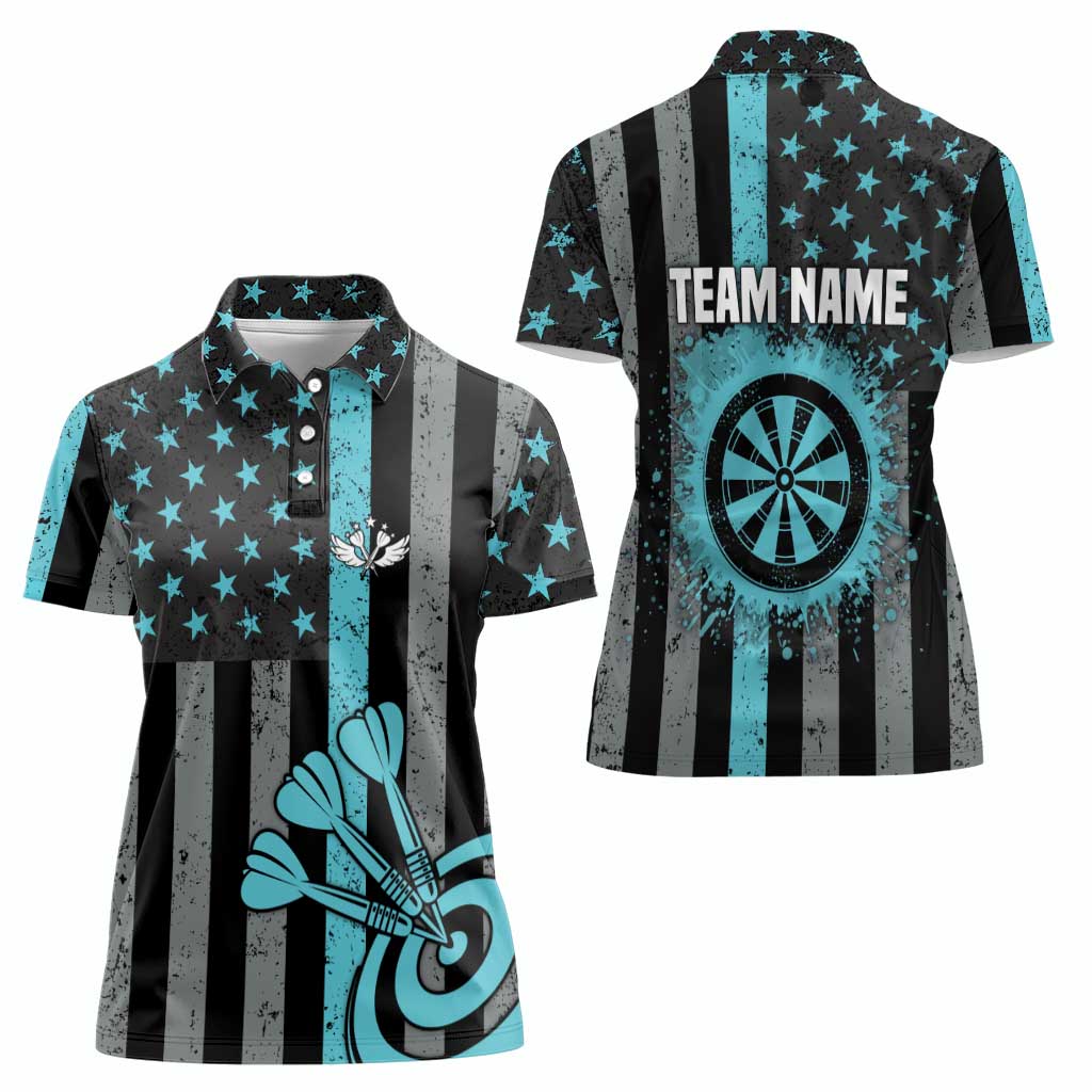 Custom Turquoise US Patriotic Darts Women Polo Shirt Blue American Flag Pattern - Grunge Paint Splatter - Wonder Print Shop