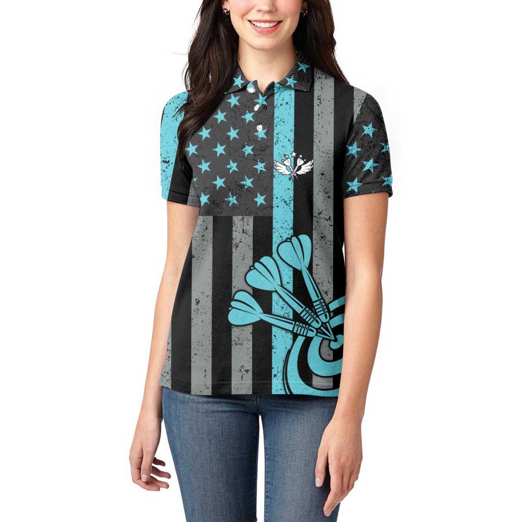 Custom Turquoise US Patriotic Darts Women Polo Shirt Blue American Flag Pattern - Grunge Paint Splatter - Wonder Print Shop