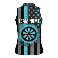 Custom Turquoise US Patriotic Darts Women Sleeveless Polo Shirt Blue American Flag Pattern - Grunge Paint Splatter - Wonder Print Shop