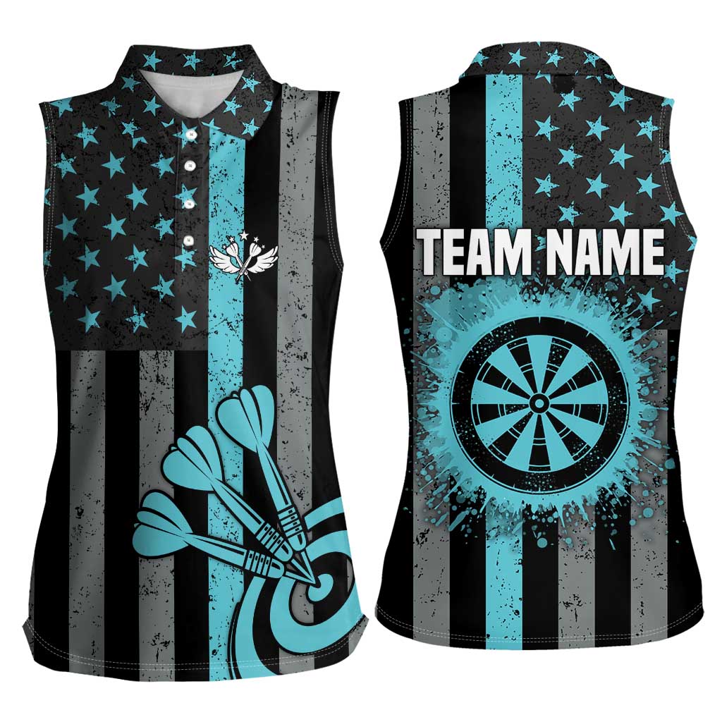 Custom Turquoise US Patriotic Darts Women Sleeveless Polo Shirt Blue American Flag Pattern - Grunge Paint Splatter - Wonder Print Shop