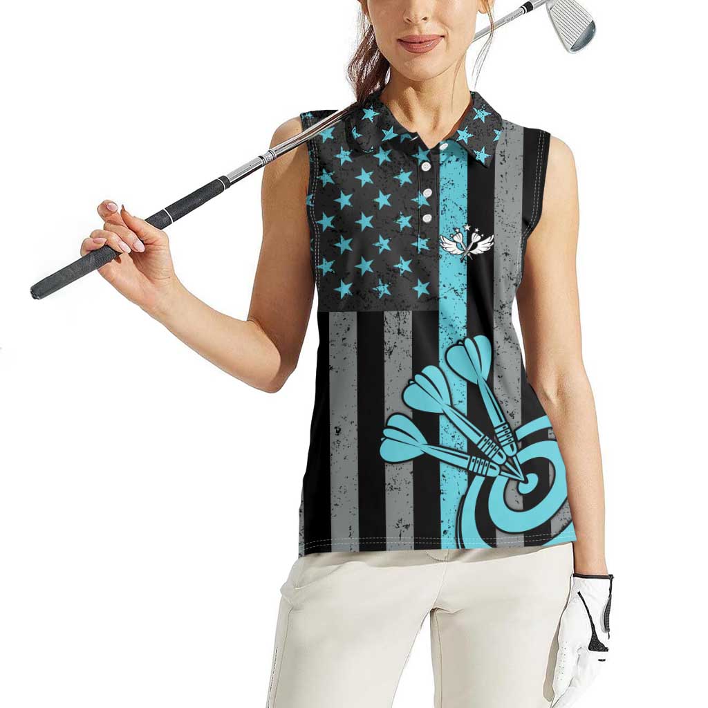 Custom Turquoise US Patriotic Darts Women Sleeveless Polo Shirt Blue American Flag Pattern - Grunge Paint Splatter - Wonder Print Shop