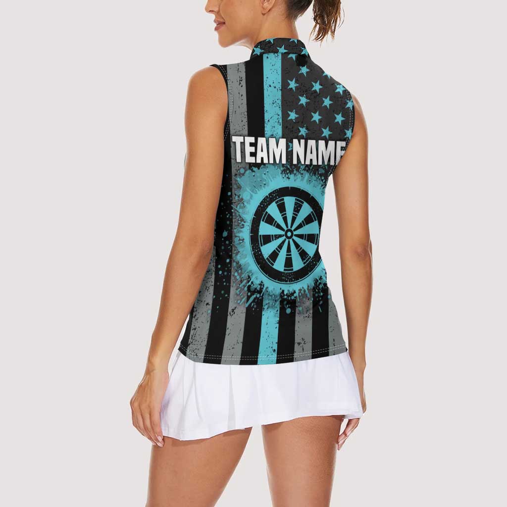 Custom Turquoise US Patriotic Darts Women Sleeveless Polo Shirt Blue American Flag Pattern - Grunge Paint Splatter - Wonder Print Shop