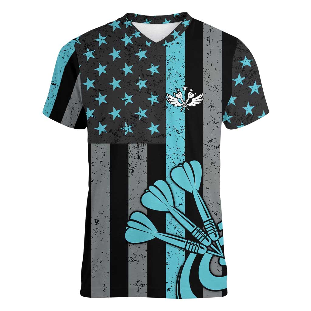 Custom Turquoise US Patriotic Darts Women V-Neck T-Shirt Blue American Flag Pattern - Grunge Paint Splatter - Wonder Print Shop