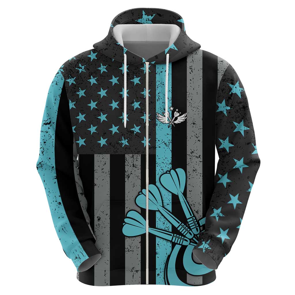 Custom Turquoise US Patriotic Darts Zip Hoodie Blue American Flag Pattern - Grunge Paint Splatter - Wonder Print Shop