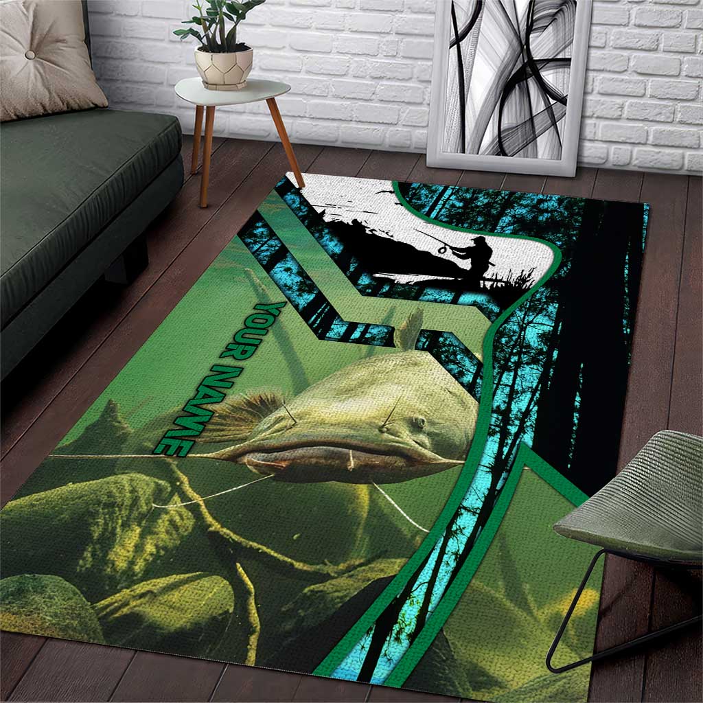 Flathead Catfish Custom Name Area Rug Forest Silhouette and Green Blue Love Fishing Design - Wonder Print Shop