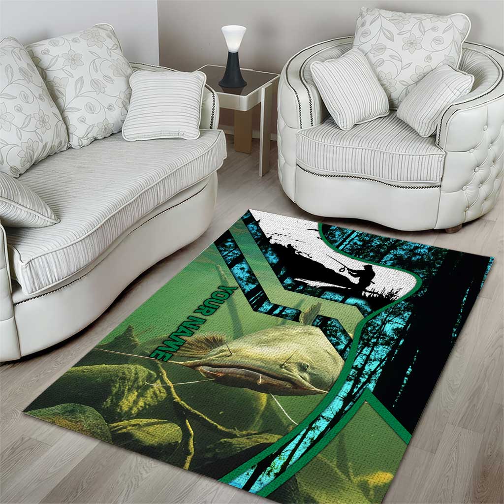 Flathead Catfish Custom Name Area Rug Forest Silhouette and Green Blue Love Fishing Design - Wonder Print Shop