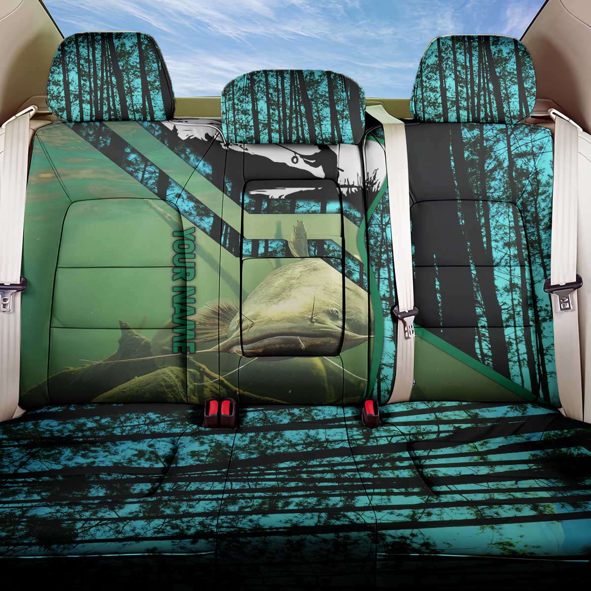Flathead Catfish Custom Name Back Car Seat Cover Forest Silhouette and Green Blue Love Fishing Design - Wonder Print Shop