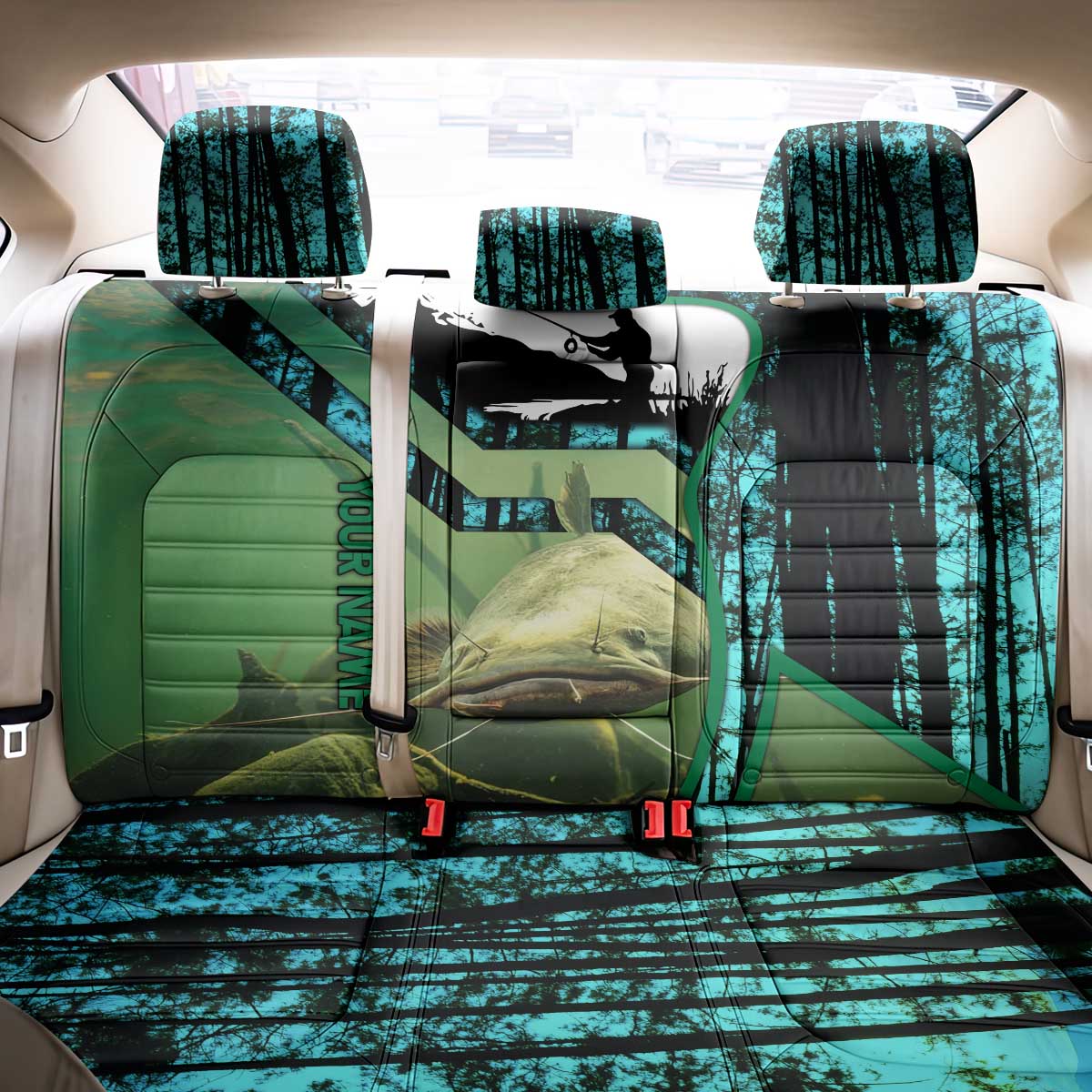 Flathead Catfish Custom Name Back Car Seat Cover Forest Silhouette and Green Blue Love Fishing Design - Wonder Print Shop