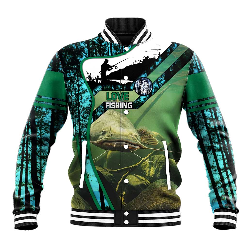 Flathead Catfish Custom Name Baseball Jacket Forest Silhouette and Green Blue Love Fishing Design - Wonder Print Shop