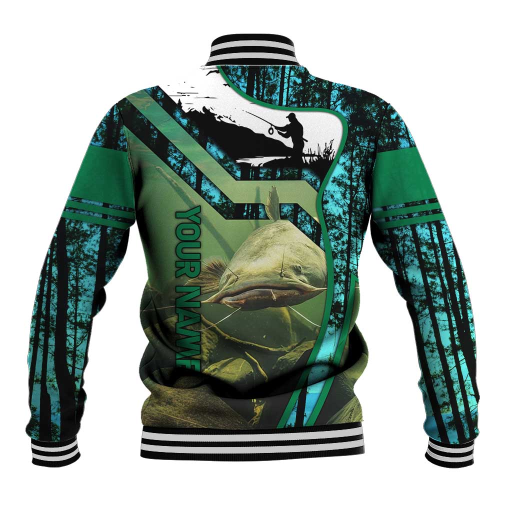 Flathead Catfish Custom Name Baseball Jacket Forest Silhouette and Green Blue Love Fishing Design - Wonder Print Shop