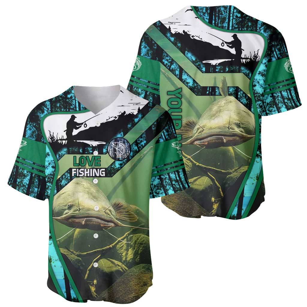 Flathead Catfish Custom Name Baseball Jersey Forest Silhouette and Green Blue Love Fishing Design - Wonder Print Shop