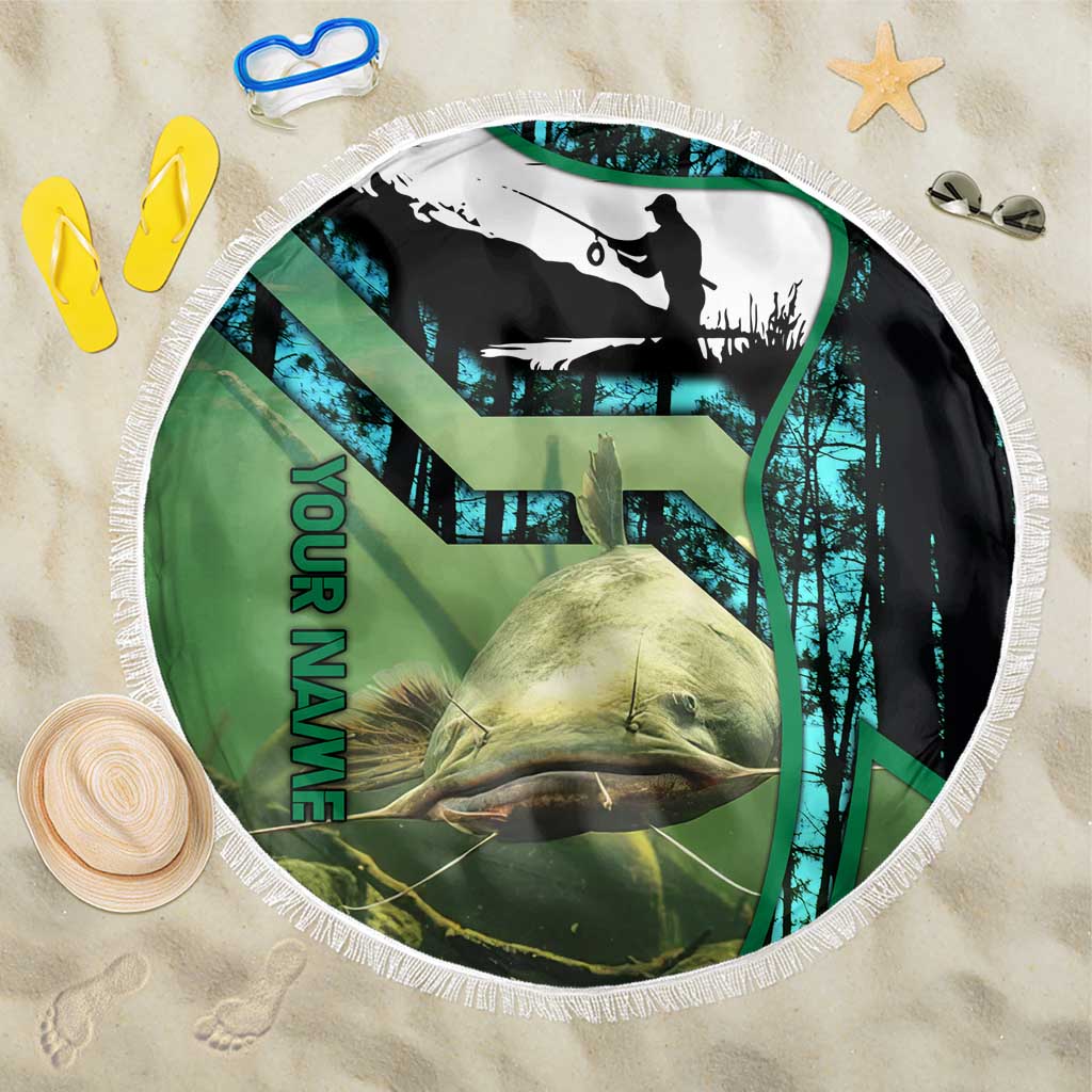 Flathead Catfish Custom Name Beach Blanket Forest Silhouette and Green Blue Love Fishing Design - Wonder Print Shop