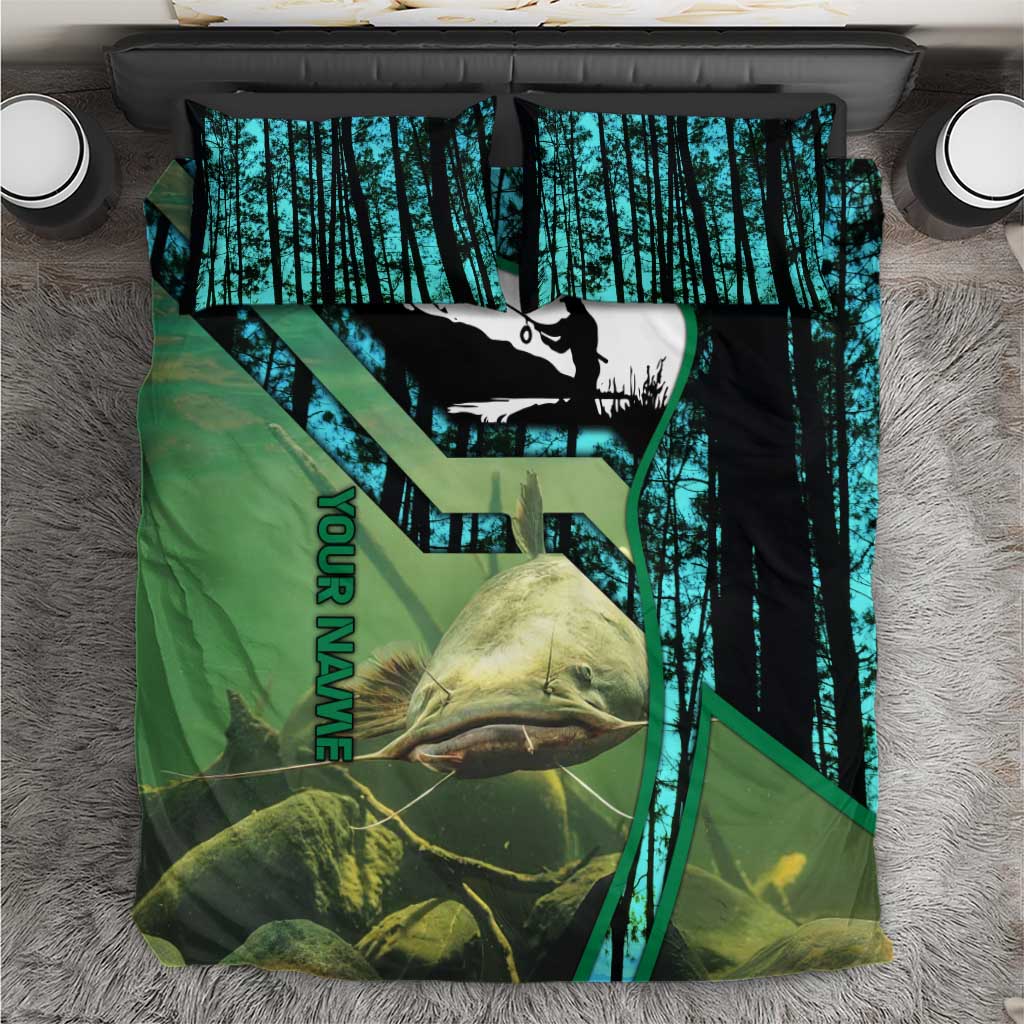Flathead Catfish Custom Name Bedding Set Forest Silhouette and Green Blue Love Fishing Design - Wonder Print Shop